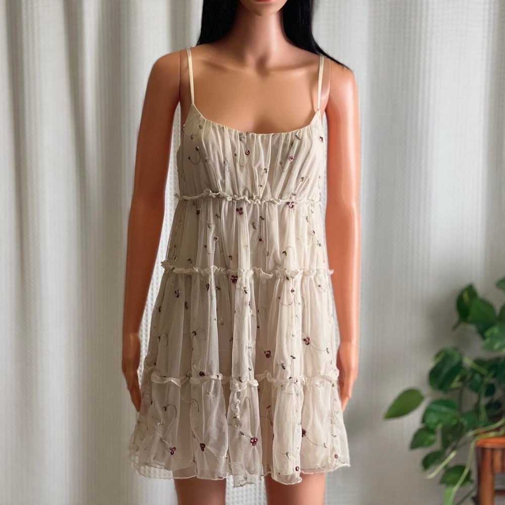 Trixxi Whimsy Fairy Princess Mesh Tiered Cream Sleeveless Mini Dress Size‎ L Y2K - Picture 2 of 7